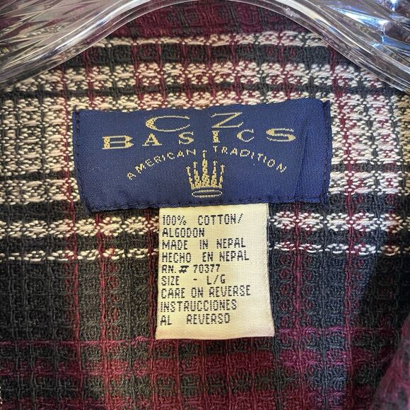 Vintage CZ Basics Plaid Shirt Men L Waffle Knit Button Up Grunge Work Made Nepal - Picture 3 of 7